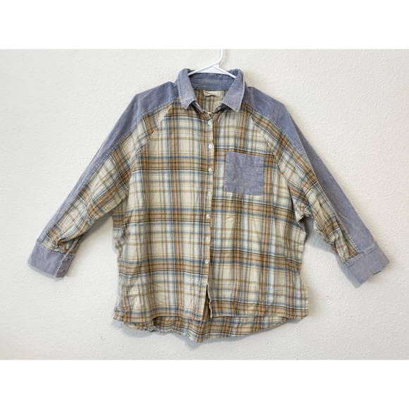 Altar’d State Button Up Shirt Women’s S Oversized Plaid With‎ Corduroy Contrast - Picture 1 of 7